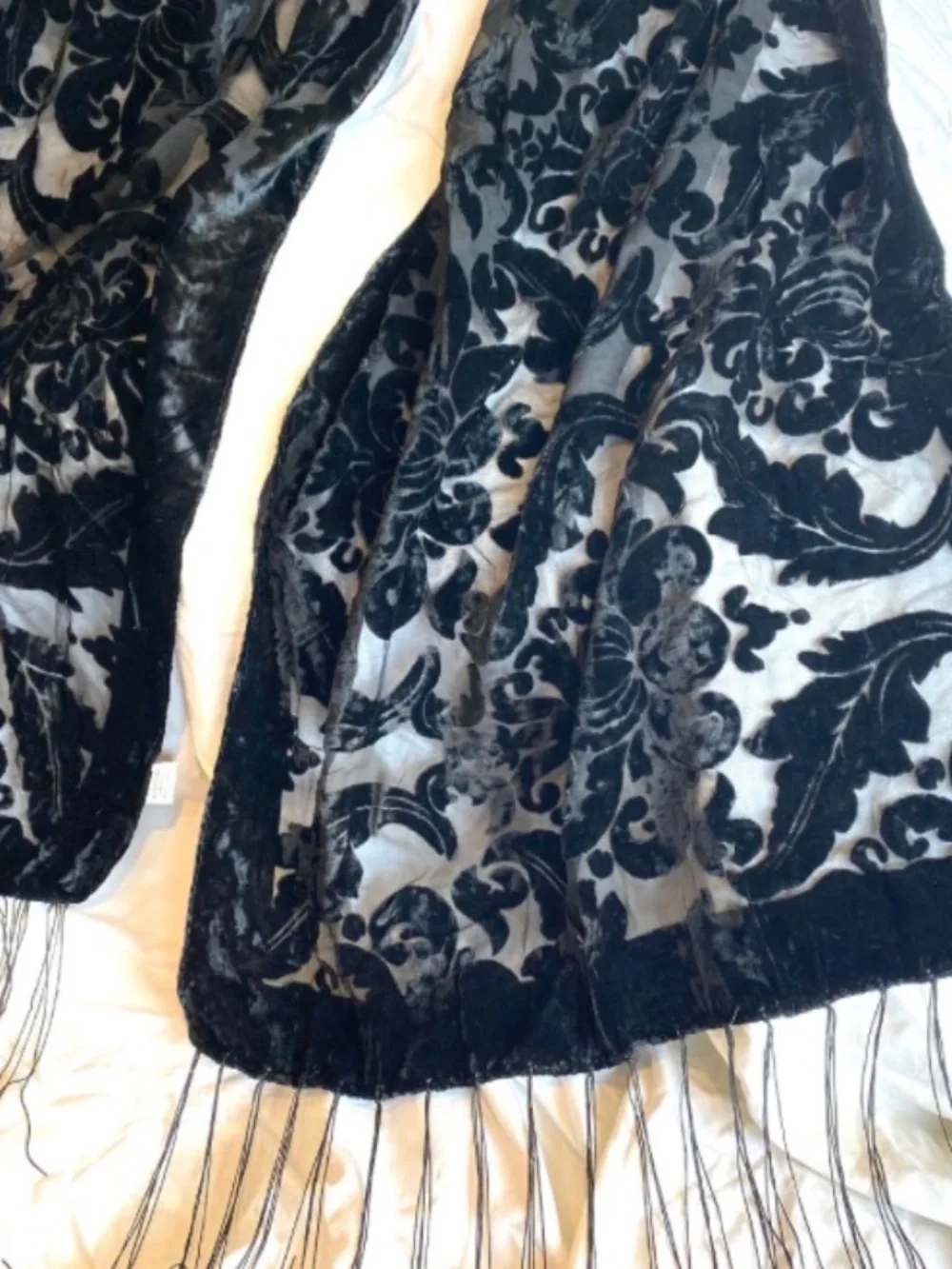 Gorgeous Black Velvet Scarf, Semi Sheer, Burn out, Fringed, Piano Scarf, Damask